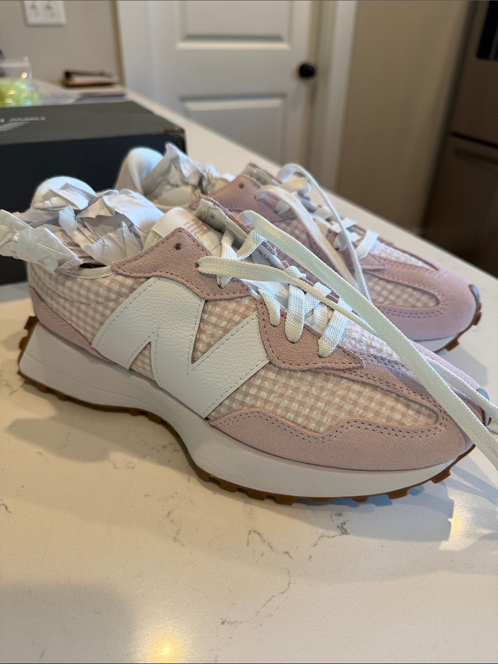 New Balance Pink and White Gingham Retro Runner Sneakers